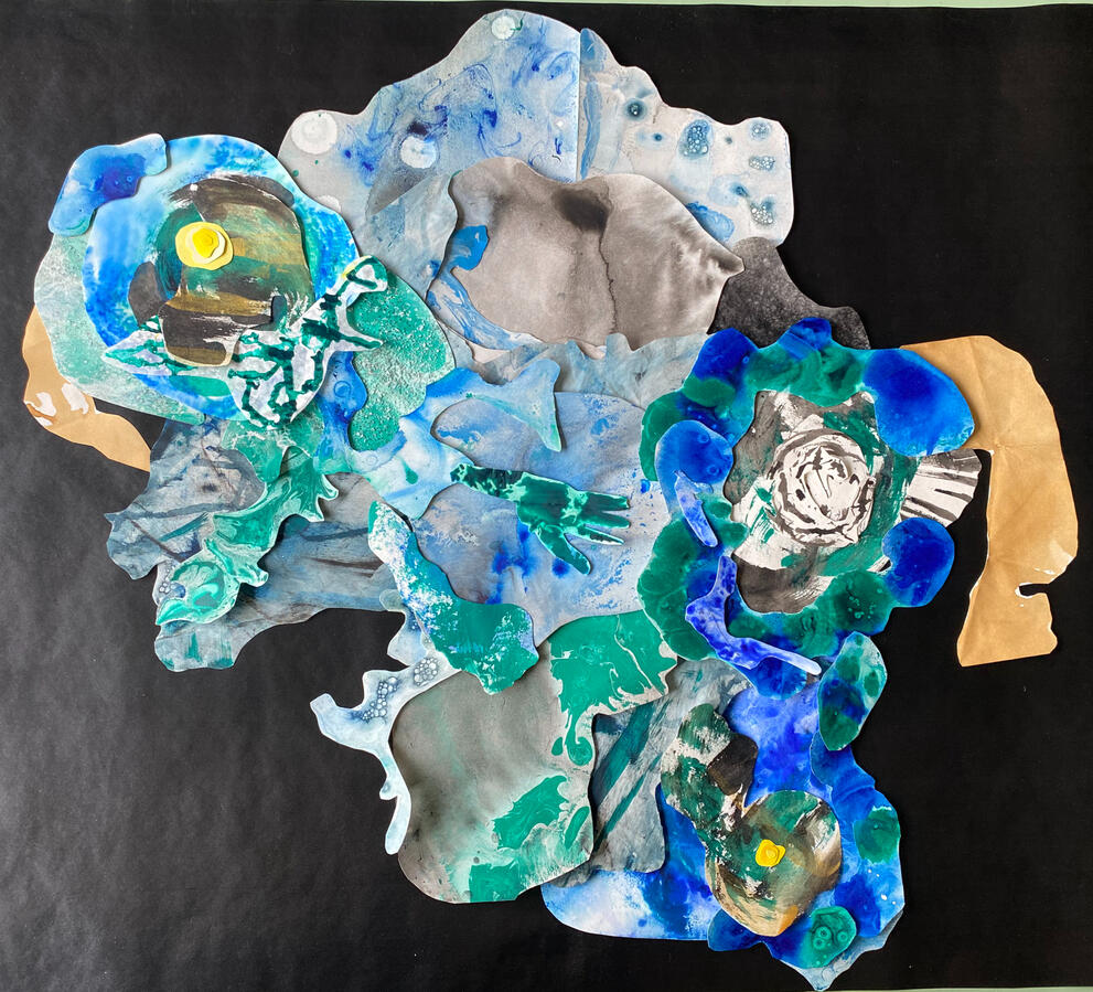 To begin, I made a collage out of water swatches I had made. This lead into this collage, with the black signifying bodies of water, the brown being sand, and the green and blue representing lush land and forests.